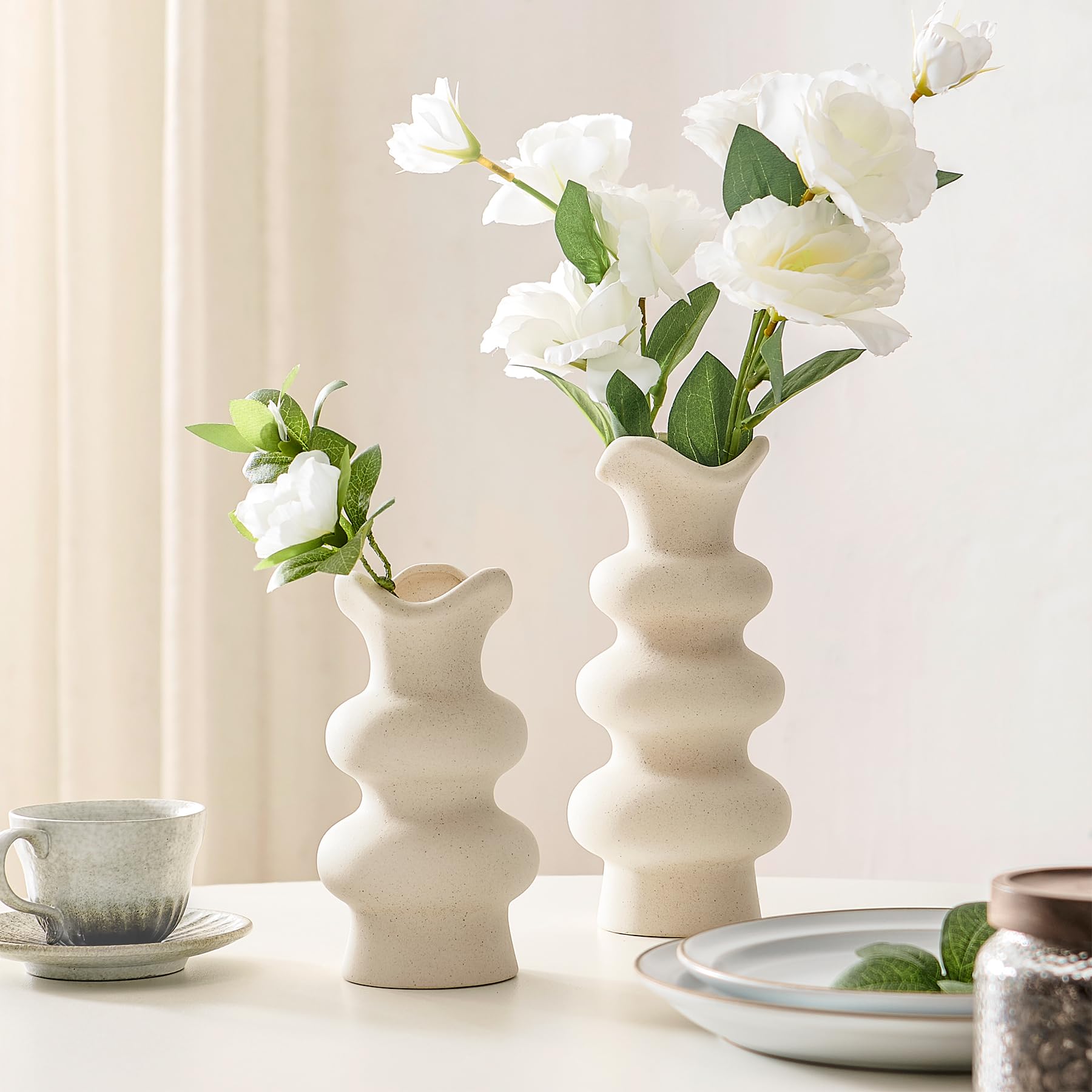 Photo 1 of Ngardk Modern Decorative White Ceramic Vases for Home Decor 8.3 Inch, Minimalist Boho Flower Aesthetic Cream Vases for Pampas Grass