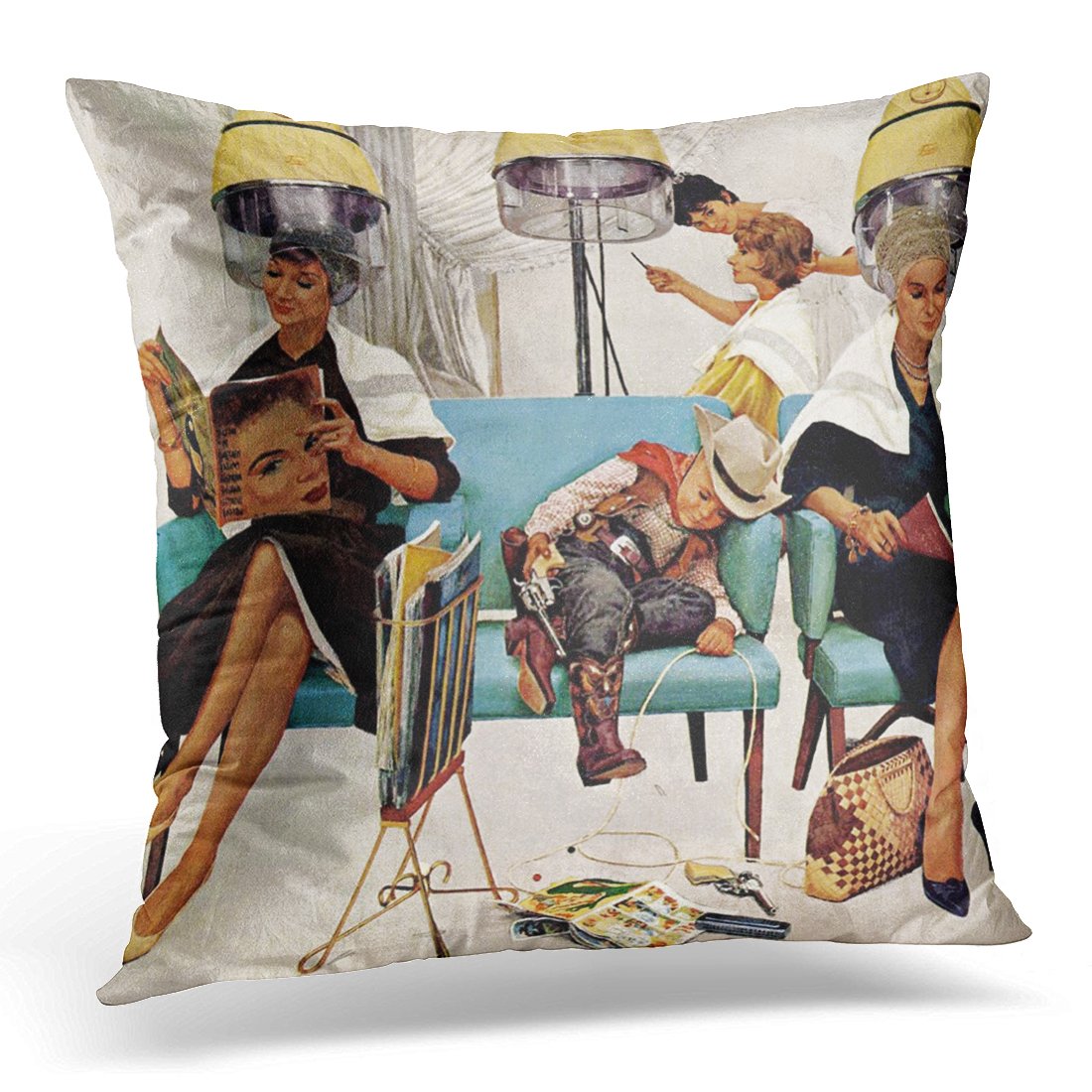 Vanmi Throw Pillow Cover Mid Retro Beauty Salon And Cowboy Vintage Century Decorative Pillow Case Home Decor Square 16x16 Inches Pillowcase