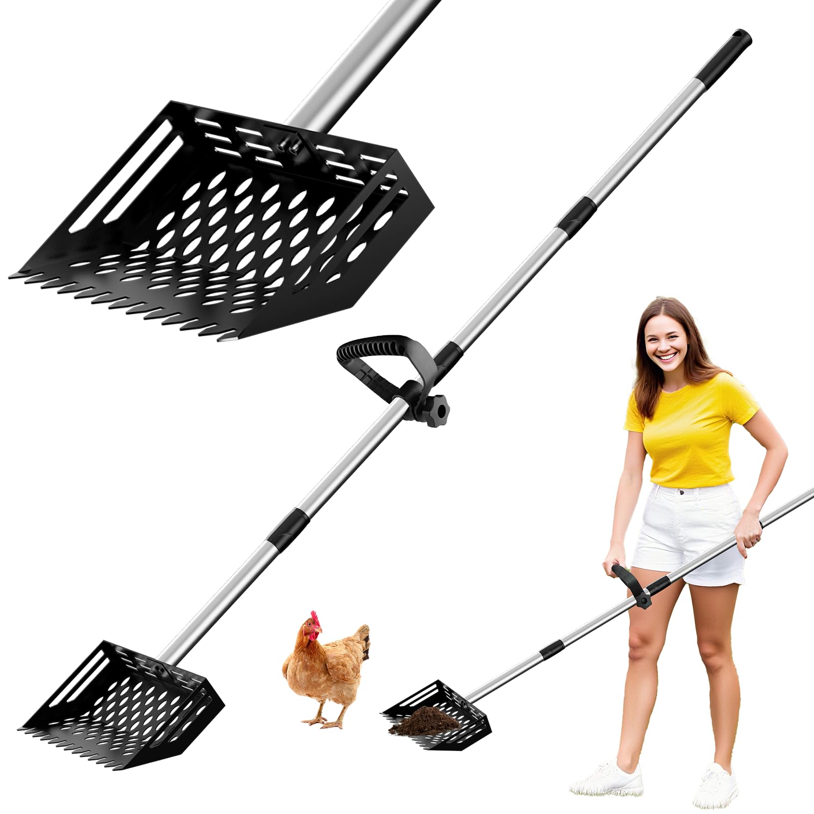 Photo 1 of 2-in-1 Chicken Poop Scooper & Rake,10" Wide Metal Sand Sifting Shovel with Grip,Chicken Coop Scoop for Poop Shavings Cleaning,Litter Scooper for Chicken Coop Accessories,Adjustable Handle (24" to 66")
