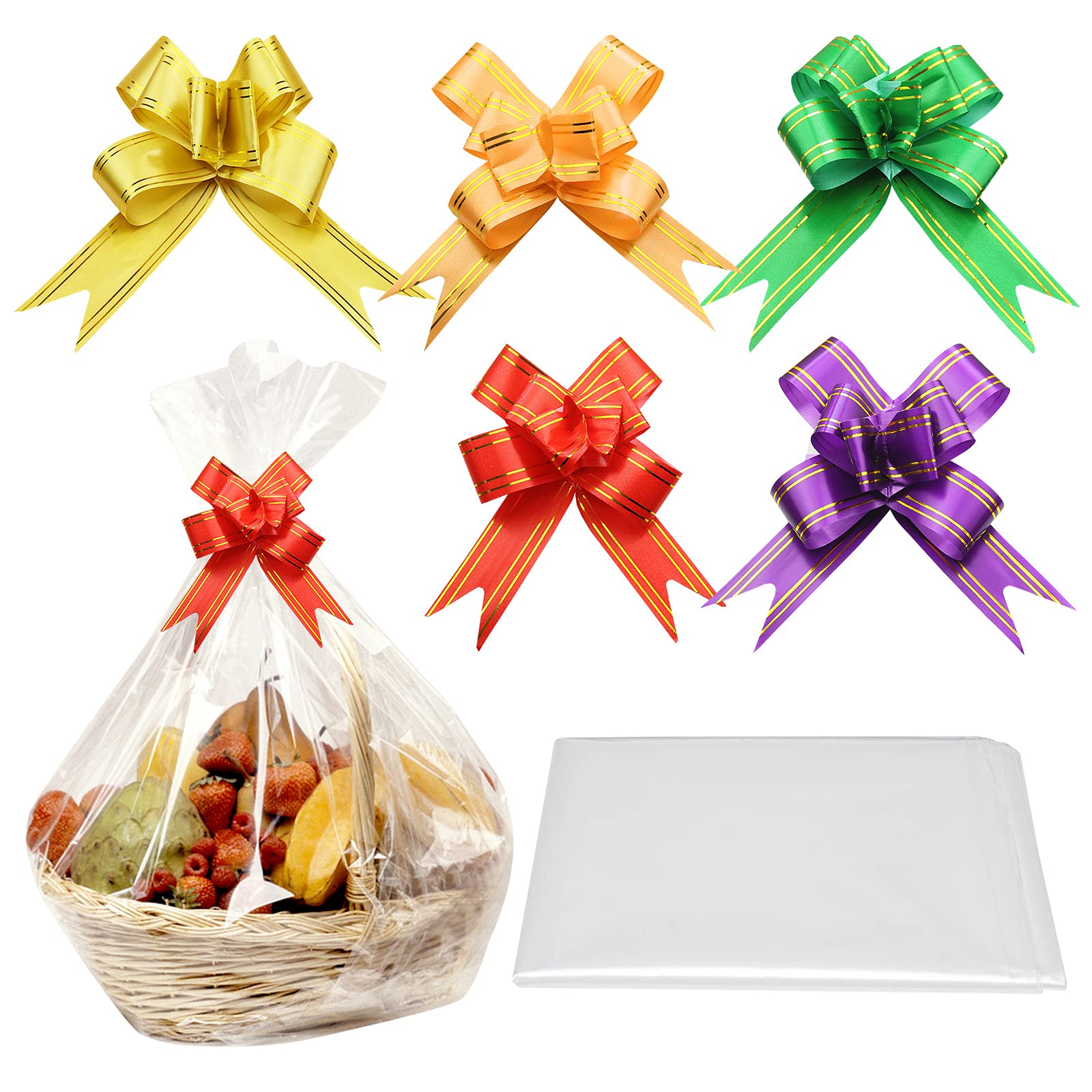 5 Pcs Large Cellophane Wrap for Hampers,5pcs Pull Bows for Hampers, Celefane Gift Wrap for Hampers Bags XL Cellophane Bags for Hampers Hamper Plastic Wrap Hamper Baskets for Gifts Kit