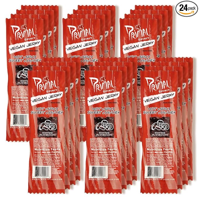 Primal Spirit Vegan Jerky Shiitake Mushroom Classic Flavor Hot Spicy Sweet Savory 10 G Plant Based Protein Certified Non Gmo No