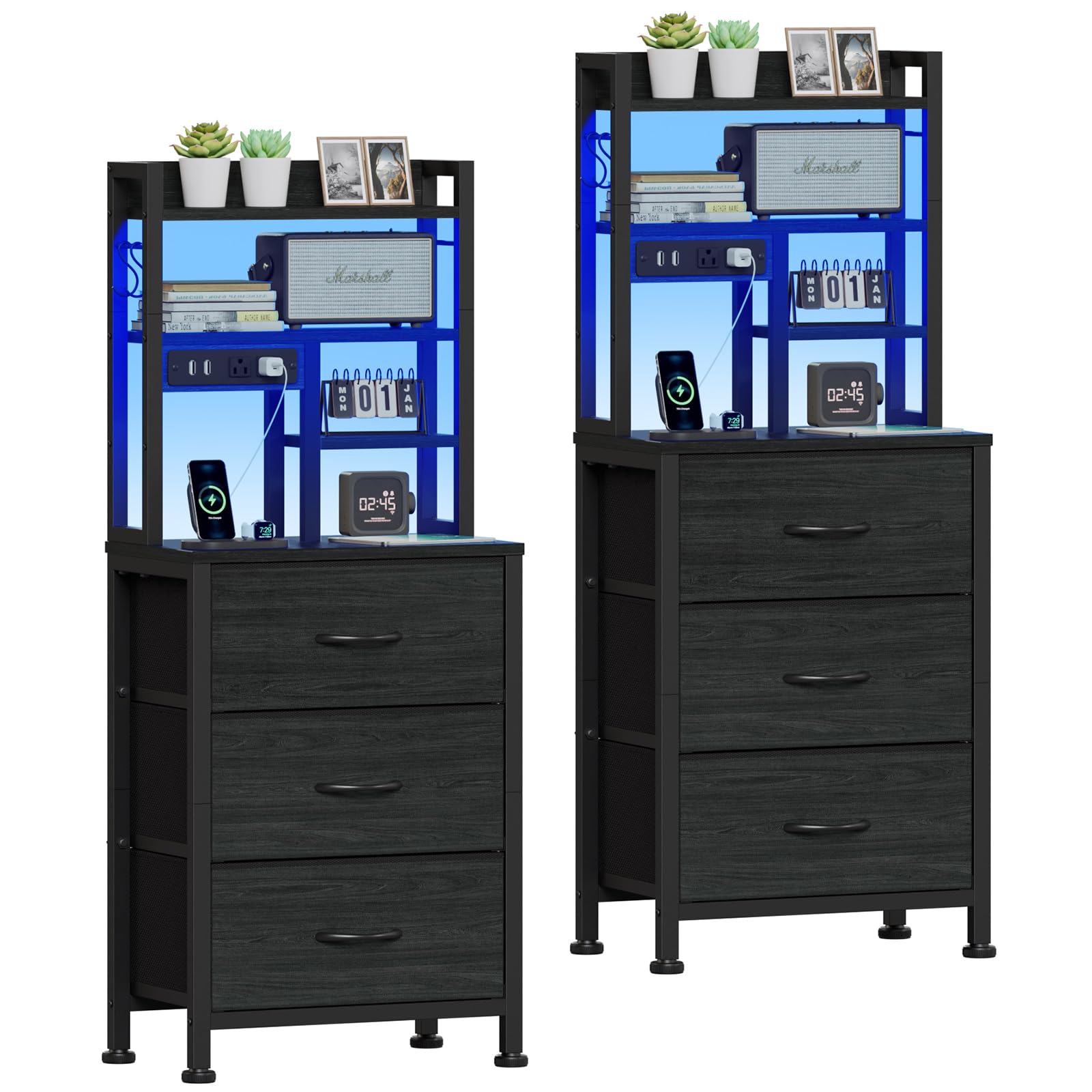 Furnulem Nightstands Set of 2, Tall Night Stand with Charger Station and USB Ports, 3 Fabric Drawers and Led Lights, Bed Side Table for Bedroom/Dorm/Office, Black Oak
