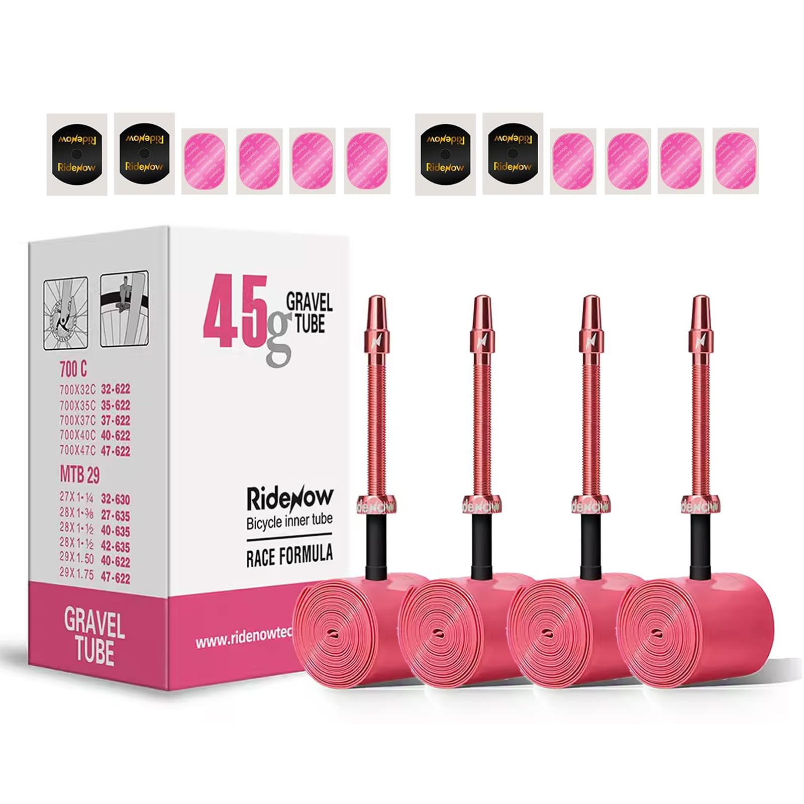 Photo 1 of 4 Pack RideNow TPU Inner Tubes 700C x 18-32C / 32-47C with 45mm/65mm/85mm Metal Presta Valve, Removable Valve Cores for All Road or Gravel Bike (Include Bike Tube Patch Repair Kit)