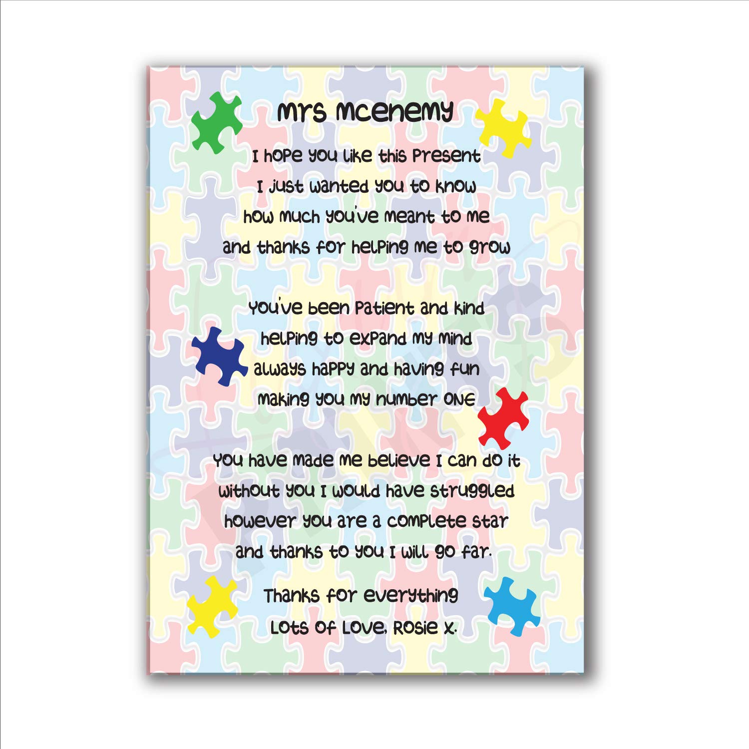 A Personalised Autism poem print to say thank you to a Teacher