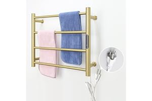 MEIJIELUO Wall Mounted Heated Towel Rack, Gold Towel Warmers for Bathroom, Timer & Temperature Control Electric Towel Drying Rack (4 Bars Brushed Gold A, Plug-in)
