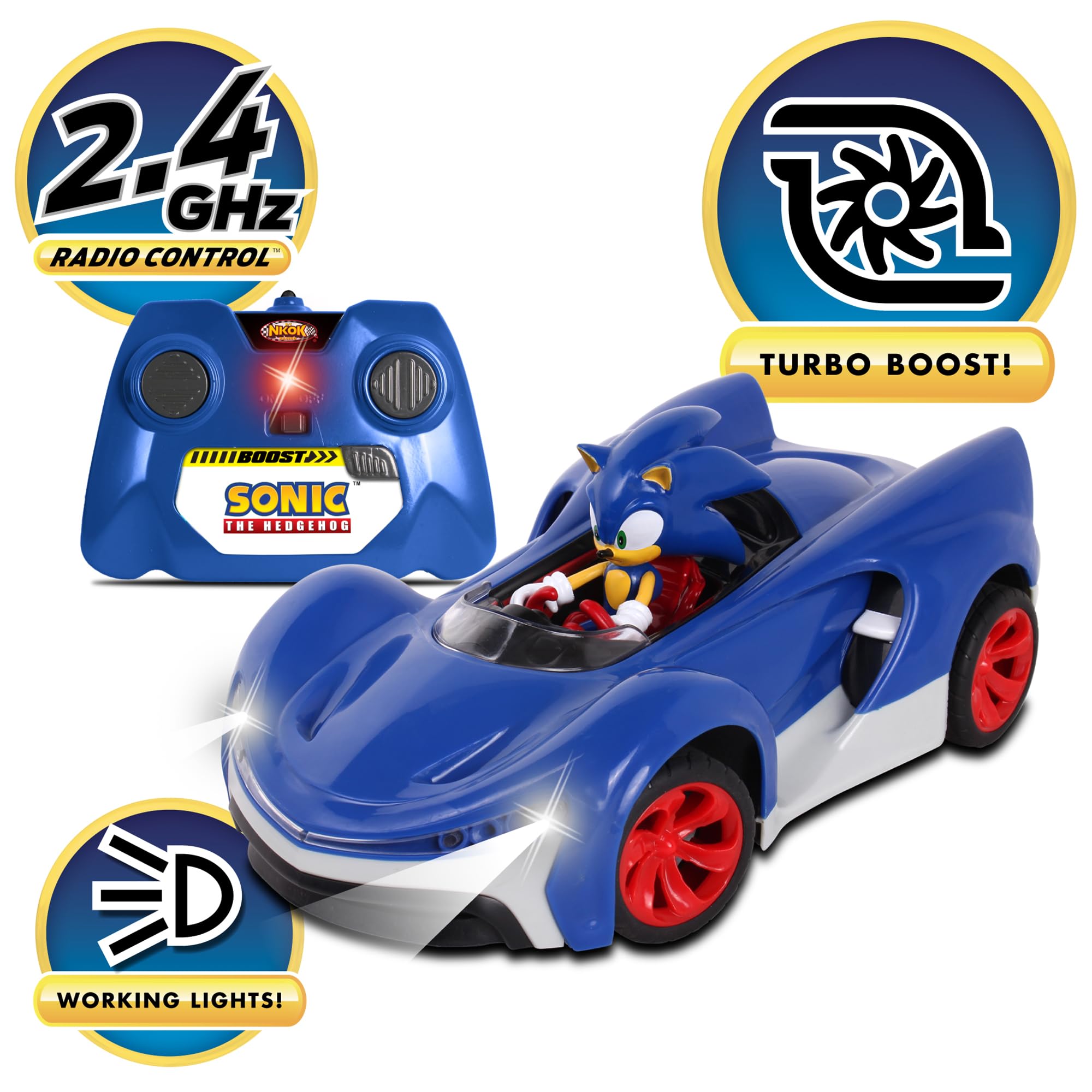 NKOK Team Sonic Racing 2.4GHz Radio Control Toy Car with Turbo Boost - Sonic The Hedgehog 601, Features Working Lights, Adjustable Front Wheel Alignment, Super Fun and Easy, Ages 6 and up