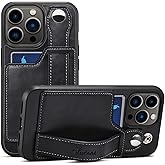 Hongxinyu HXY for iPhone 13 Pro Max Case, PU Leather Wallet Case Back with Elastic Card Slot Magnetic Clasp Kickstand Hand Strap Protective Cover for iPhone 13 Pro Max 6.7 inch 2021 (Black)