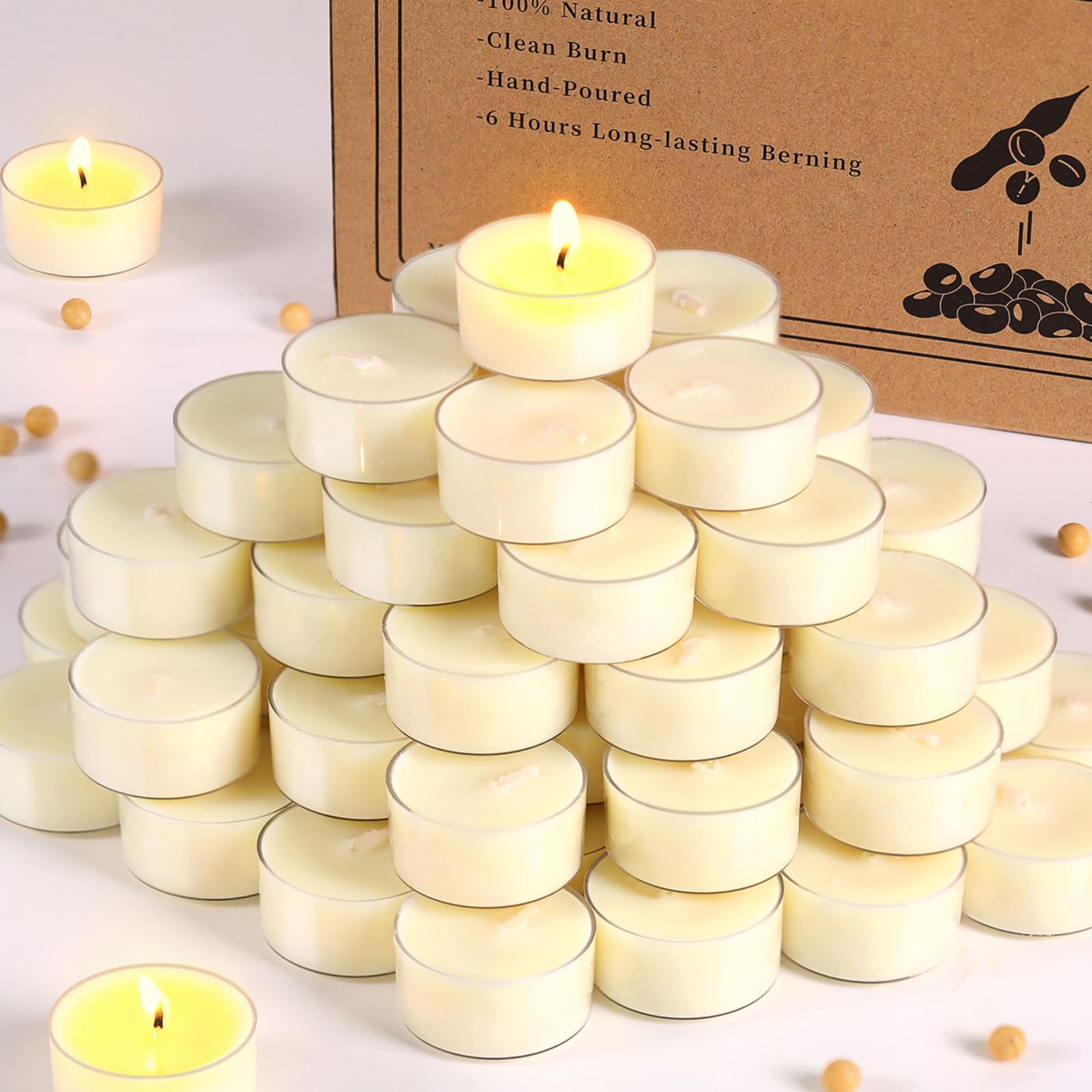 Photo 1 of Simeitol 50 Pcs Soy Wax Tealight Candles (6 Hour Burn Time) White Unscented Votive Candles, Smokeless & Extended Burn Time Clear Cup Tea Lights for Weddings, Home, Emergencies