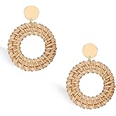 Dodocatie Rattan Dangle Earrings for Women, Boho Statement Handmade Unique Summer Tropical Straw Wicker Loop Circle Earrings Fashion Trendy Bohemian Beach Accessories