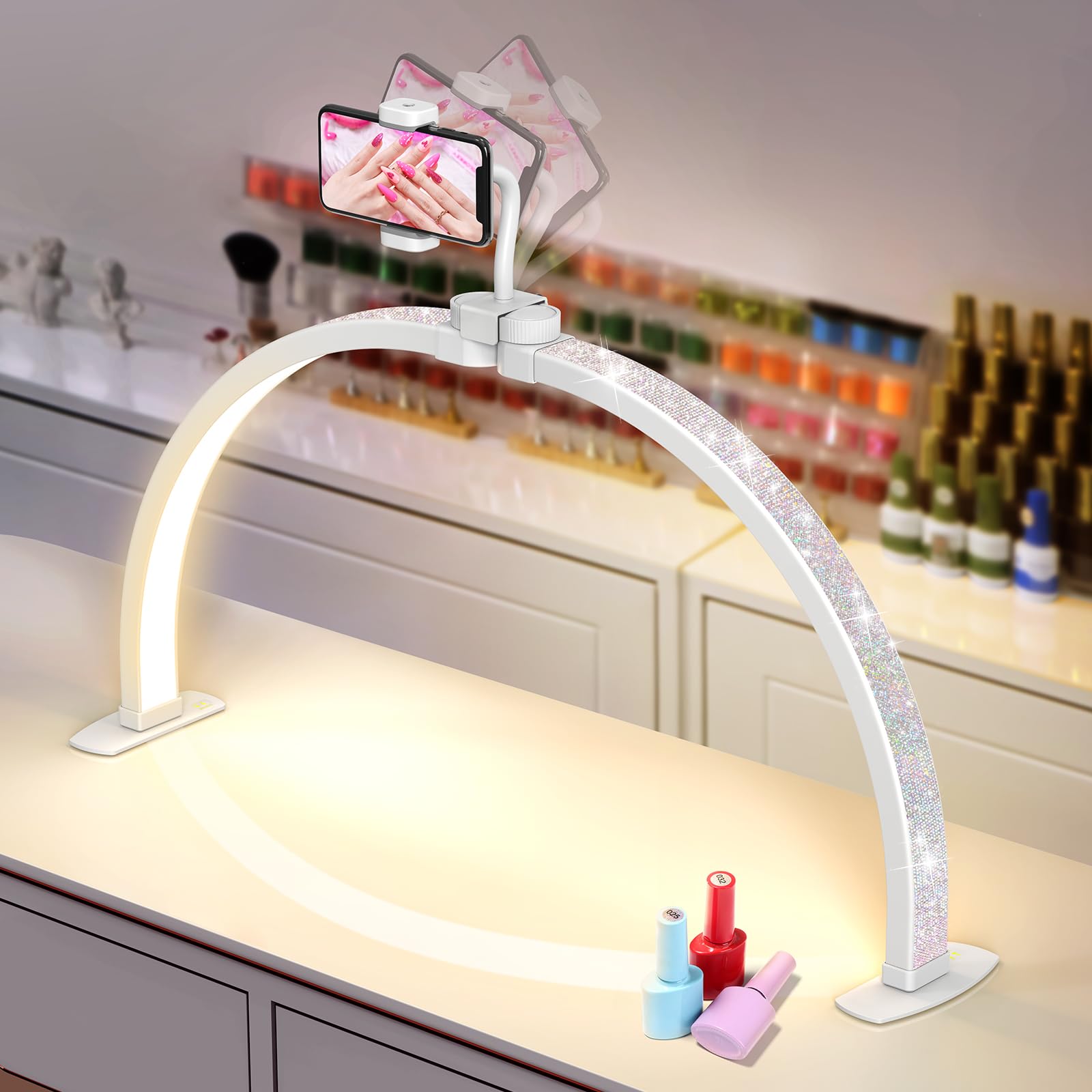Photo 1 of Half Moon Light for Nail Desk: 29" Foldable Half Moon Nail Desk Lamp with Phone Holder for Nail Beginner - Arch Nail Tech Light with 3 Color Modes & 10 Brightness for Manicure Salon (Diamond, Large)