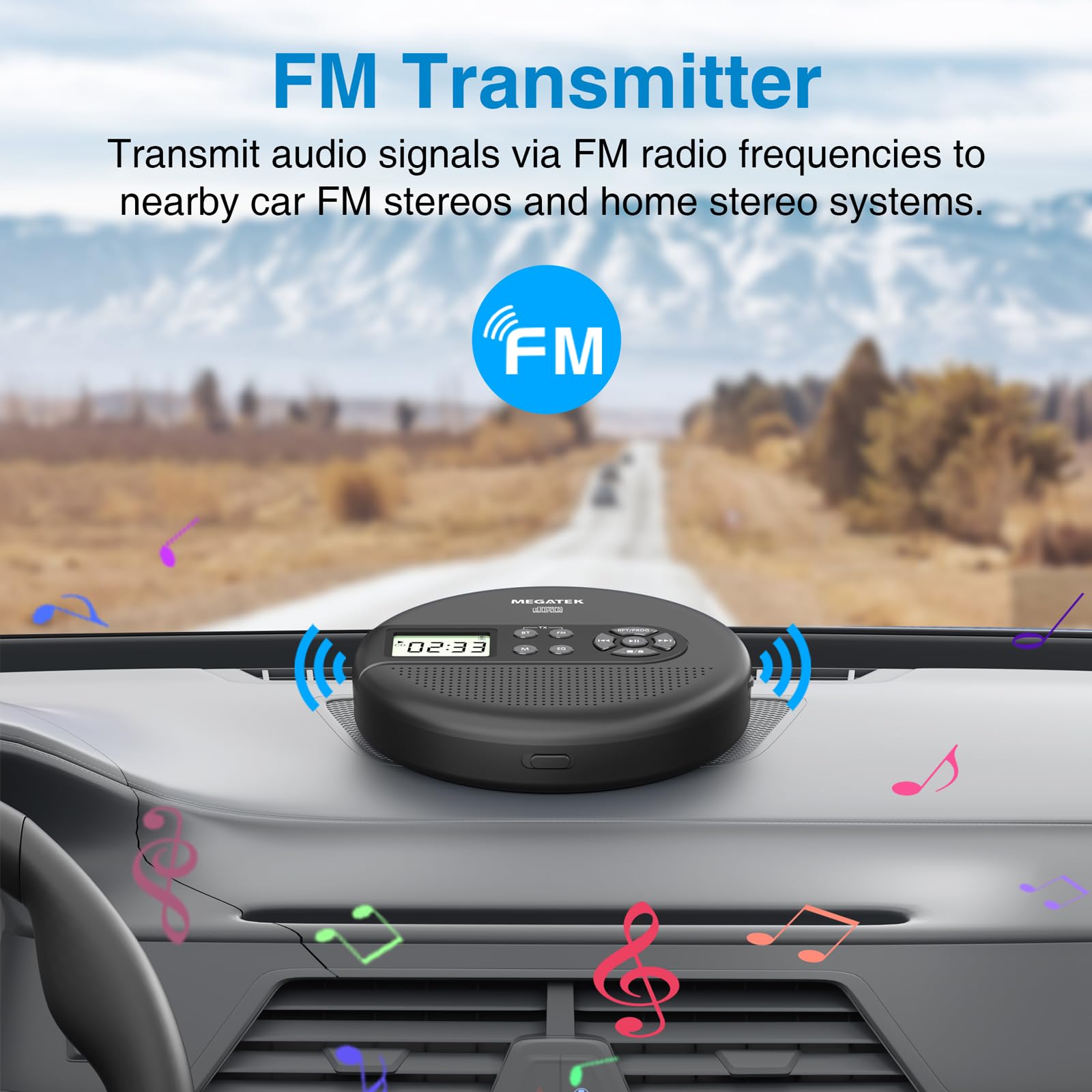 MEGATEK CP27BR Portable CD Player Bluetooth for Car with FM Transmitter, USB, AUX, LCD Display, Anti-Skip, Stereo Speakers, Headphones & Rechargeable Battery – Black