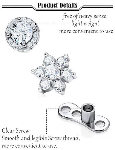 thumbnail image 2 of PunkTracker 14G Micro Dermal Anchor Tops - Cubic Zirconia Surgical Steel Dermal Piercing Jewelry (2.5/3/4mm) 2 of 10