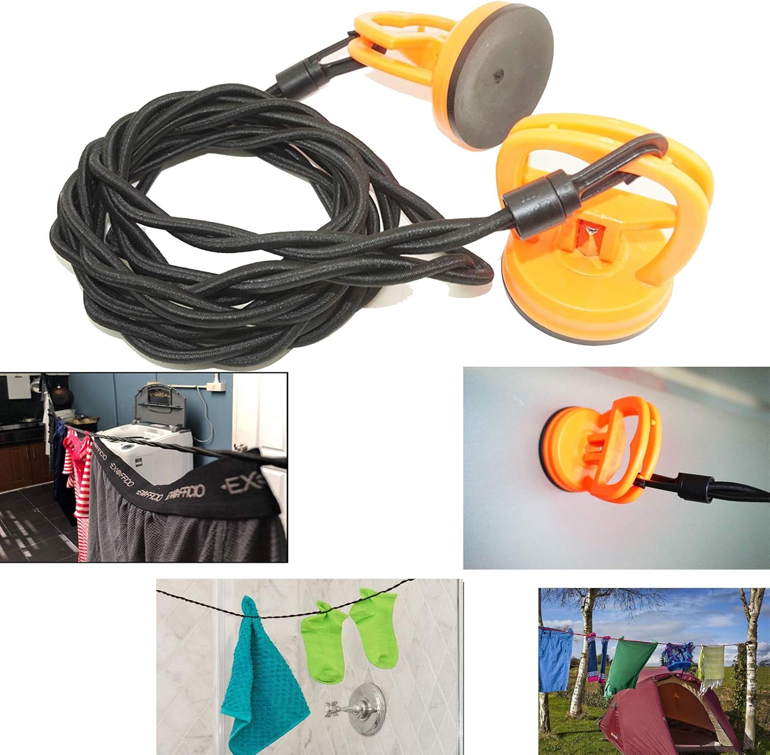 Clothes Line With Suction Cups and Clips, for Travel Laundry Set Bungee