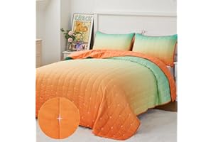 SUCHBED Full Size Quilt Set for Kids Lightweight Bedspread Full Quilt Bedding Set Full XL Bed Spread Star Quilted Bedspread Coverlet Orange Bed Set with Shams 3 Pieces, Orange Green Gradient
