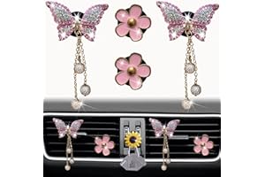 JOWXSX Pink Daisy & Butterfly Pandent Air Vent Clips, 4 Pcs Bling Flower Car Air Fresheners Vents Clips Diamond Car Interior Decor Bling Cute Car Accessories Car Decoration for Women +Sunflower Mask Hook