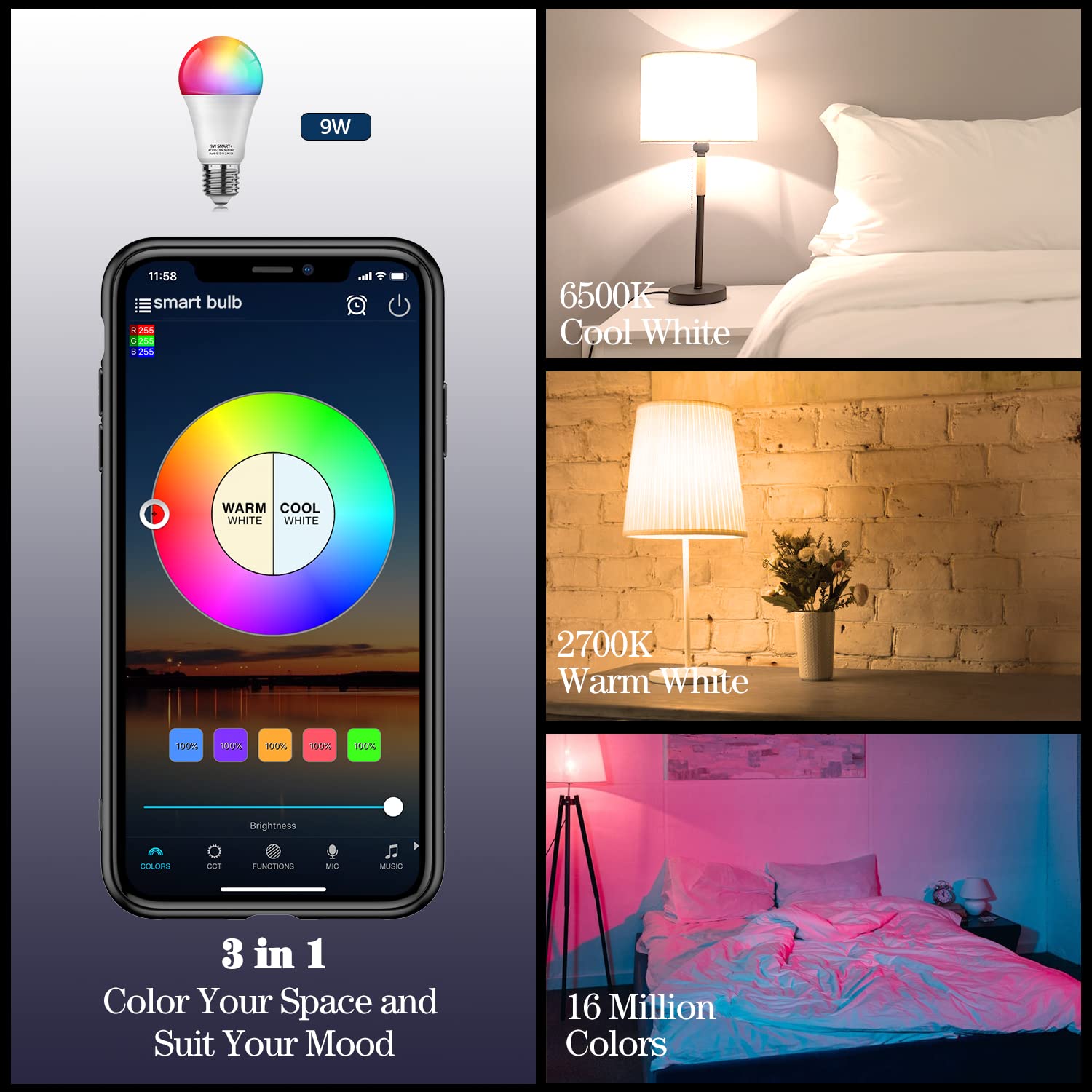 Smart WiFi LED Bulbs with Remote, RGBCW Color Changing Lights Bulb 9W A19 E26, Support Bluetooth, Works with Alexa Google Home Siri Shortcut, No Hub Required, 4 Pack