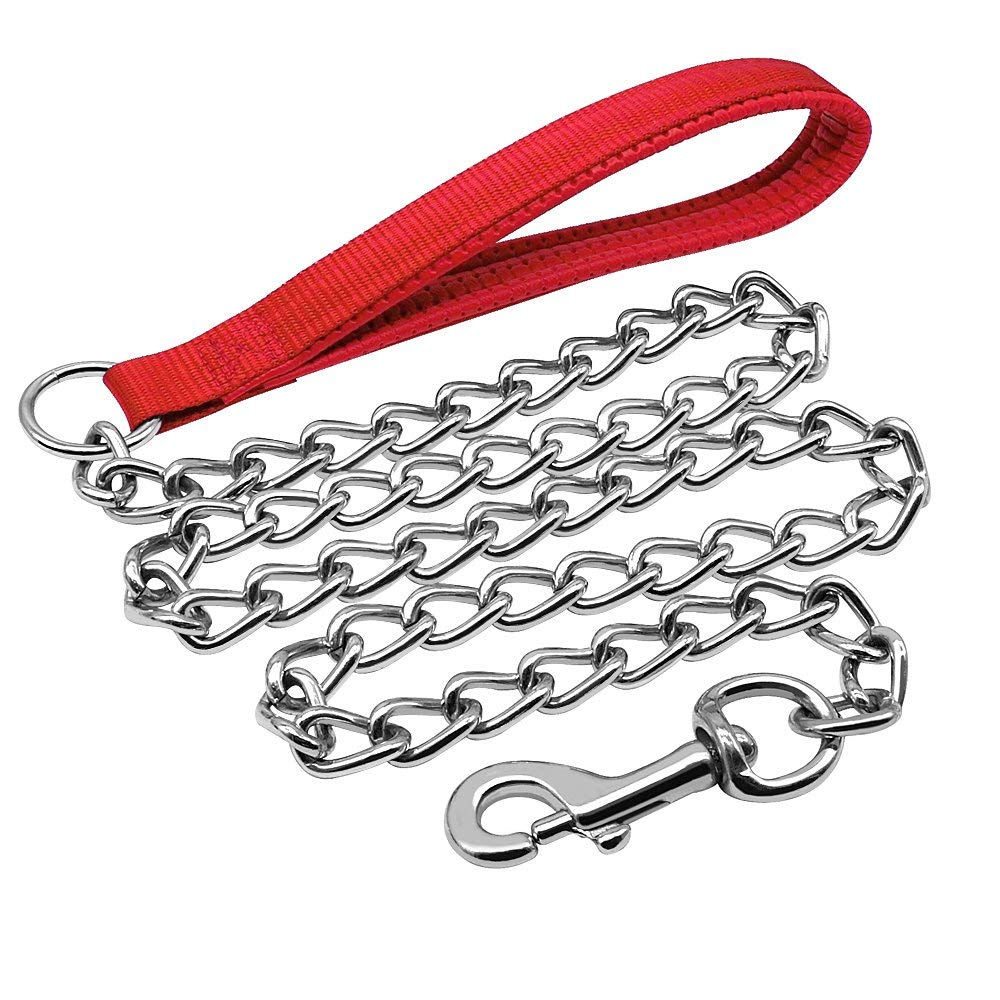 Petiry Chain Lead Chew Proof Metal Dog Leash with Soft Padded Handle,4ft Length 3mm Thick Strong Anti-Bite Dog Lead for Medium Large Dogs,Red,M