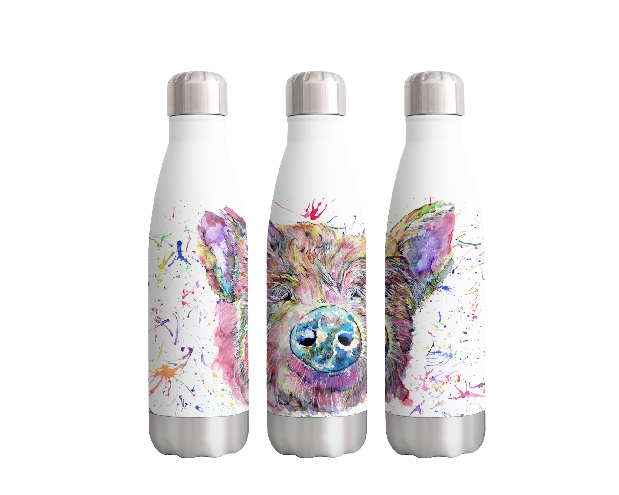 Vixar Pig Farm animals Watercolour rainbow art Bottle double Wall insulated Stainless steel sport Drinks 500ml WHITE Gift ideal for school work office Oudoor sports keeps Hot and Cold Drinks
