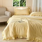 NSNLGSGC Yellow Gingham Queen Comforter Set | Pre-Washed Ruffled Plaid Bedding Set, Soft Breathable and Cottage