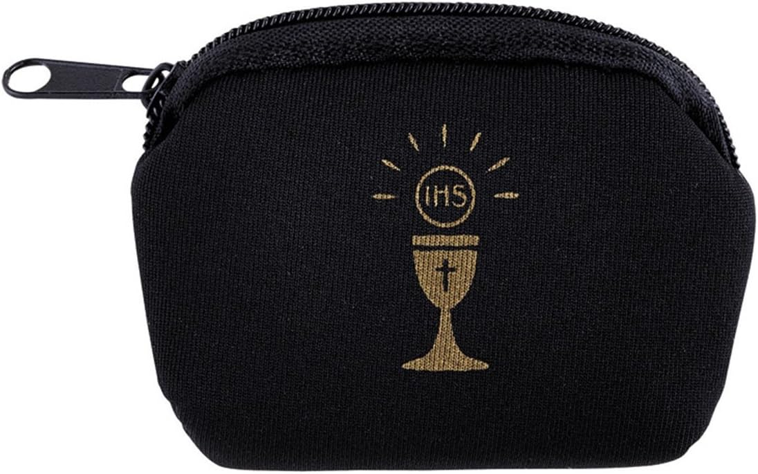 Boys First Communion Rosary Pouch with Gold Stamped Chalice and Host Design, Black, 2 1/2 Inch