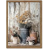 Wood Framed Farmhouse Vintage Canvas Wall Art, Rustic Floral Daisy Pictures Wall Decor Paintings, Country Flower Artwork Poster Prints for Living Room Kitchen Bedroom Bathroom 12x16 inch