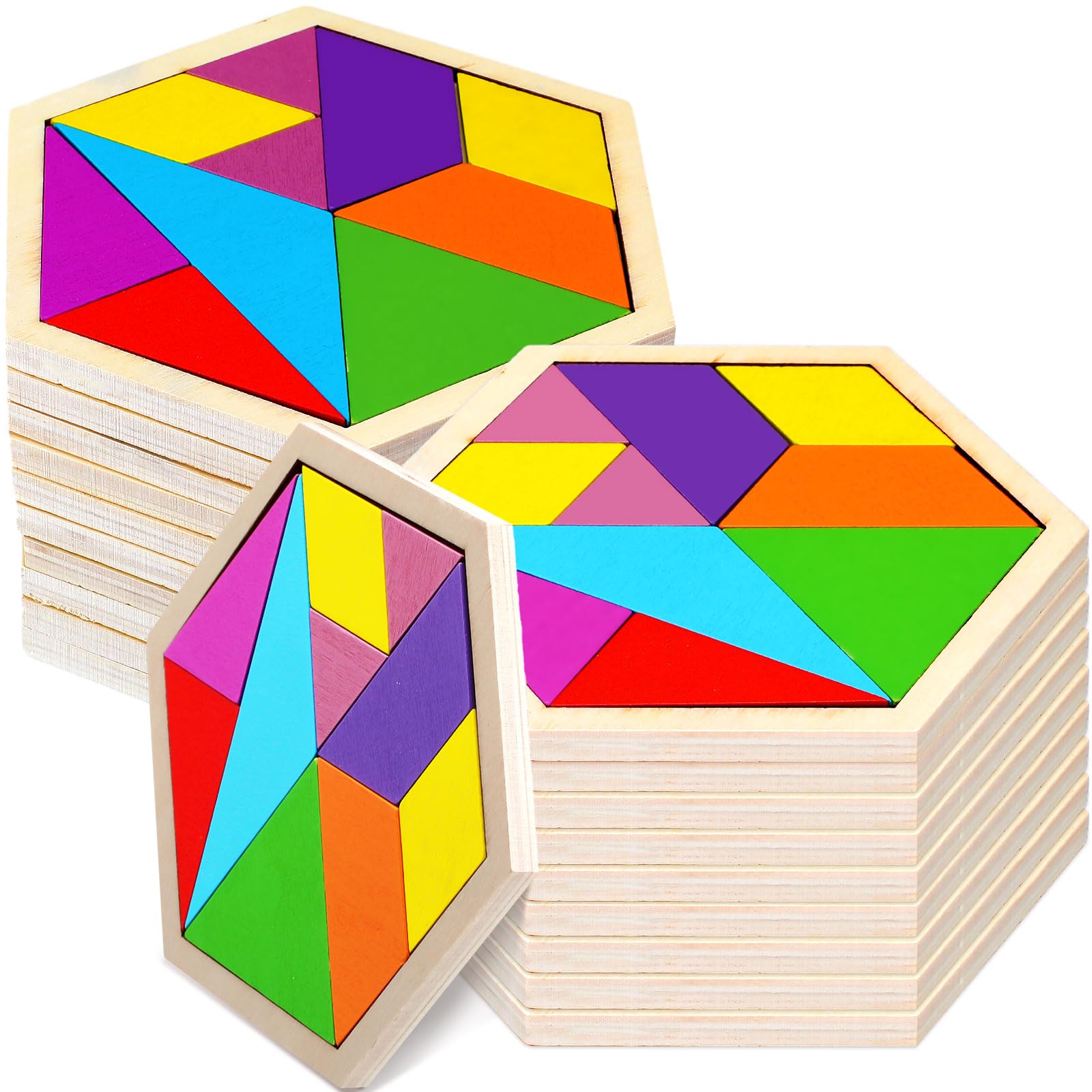 Photo 1 of Meooeck 12 Pack Tangrams Wooden Puzzles Tangrams Classroom Set for Kids Shape Puzzles Brain Logic Blocks for Games Educational Gifts for Adults Kids Ages 4-8 8-12(Hexagon Style)