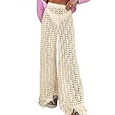 Fisoew Womens Crochet Cover Up Pants Casual Wide Leg High Waisted Hollow Out Tassel Summer Beach Mesh Bathing Suit Pants