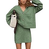 EXLURA Womens 2 Piece Skirt Sweater Sets V Neck Button Up Cardigan Mini Skirts Fall Winter Knit Trendy Outfits Pockets 2025