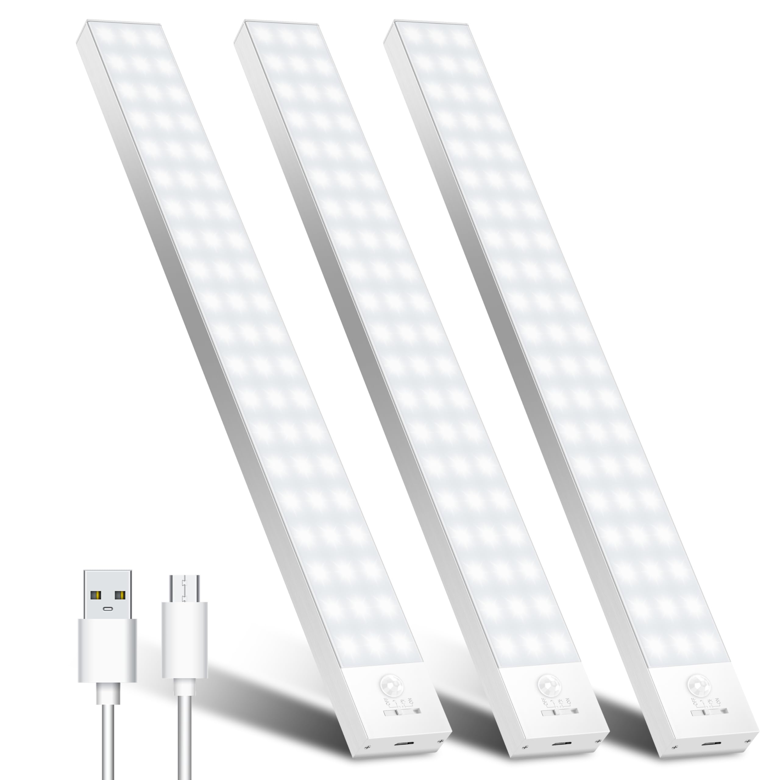 OUILA Under Cupboard Kitchen Lights, 32cm 5000K Motion Sensor Lights Indoor 60 LED 1500mAh Under-Cabinet Light Type-C Rechargeable Wardrobe Light for Kitchen Stairs (3 Pack)