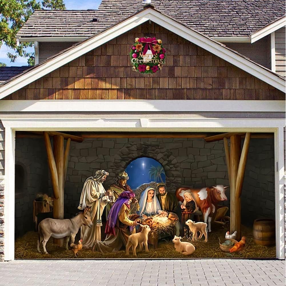 Garage Door Decorations - 7 x 16 ft Jesus Advent Garage door cover, 2023 Christmas Garage Door Banner, Large Christmas Garage Door Decorations Christmas Door Cover for Outdoor Christmas Garage Door Holiday Decorations