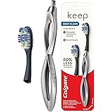 Colgate Keep Soft Manual Toothbrush for Adults with 2 Deep Clean Floss Tip Brush Heads, Silver