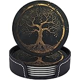 BOXIMIAO Drink Coasters with Holder Stand Set of 6, Marble Gold Tree of Life Pu Leather Absorbent Coasters with Cork Base Table Round Coaster for Housewarming Apartment Kitchen Bar Decor
