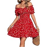 Milumia Women's Floral Off Shoulder Puff Sleeve Short Dress Boho Frill Trim A Line Mini Dresses