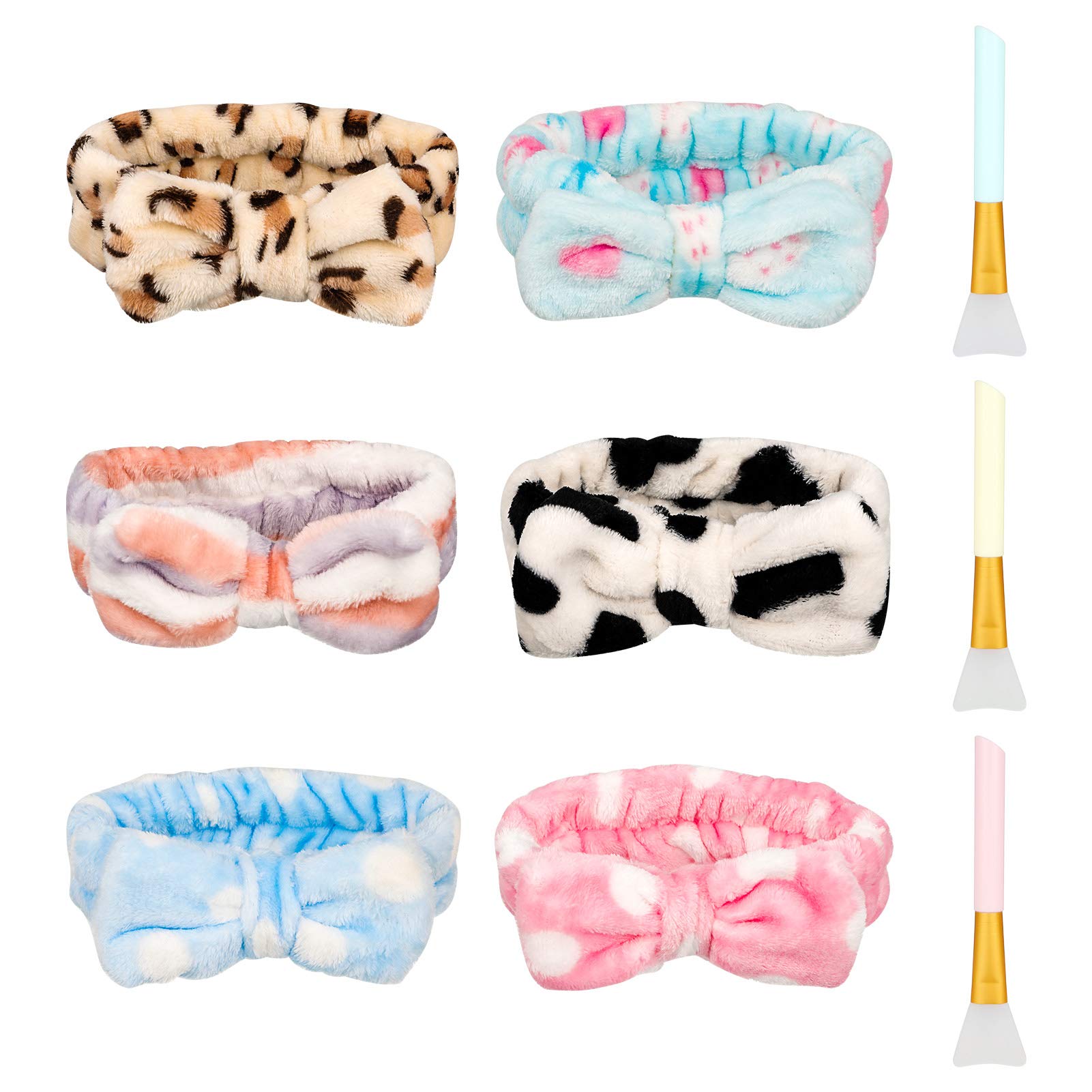 metagio 6 Pack Spa Makeup Headbands, Absorption Hair Bands Elastic Coral Head Wrap Adjustable Soft Facial Headband with 3PCS Silicone Brushes