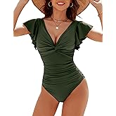Blooming Jelly Womens Tummy Control Swimsuit V Neck One Piece Bathing Suits Slimming Lace-up Ruffle Swimwear