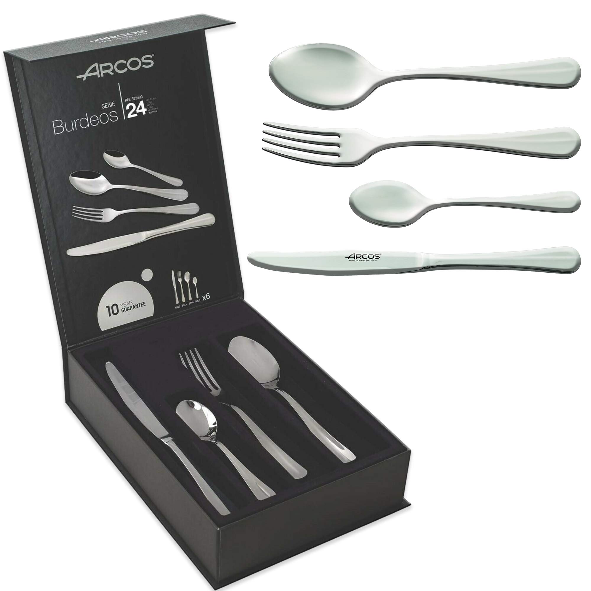 Arcos Series Burdeos - Gift Case Flatware Set 24 Pieces (6 Knives Plus 12 Spoons Plus 6 Forks) - Monoblock of one Piece Stainless Steel Silver Colour