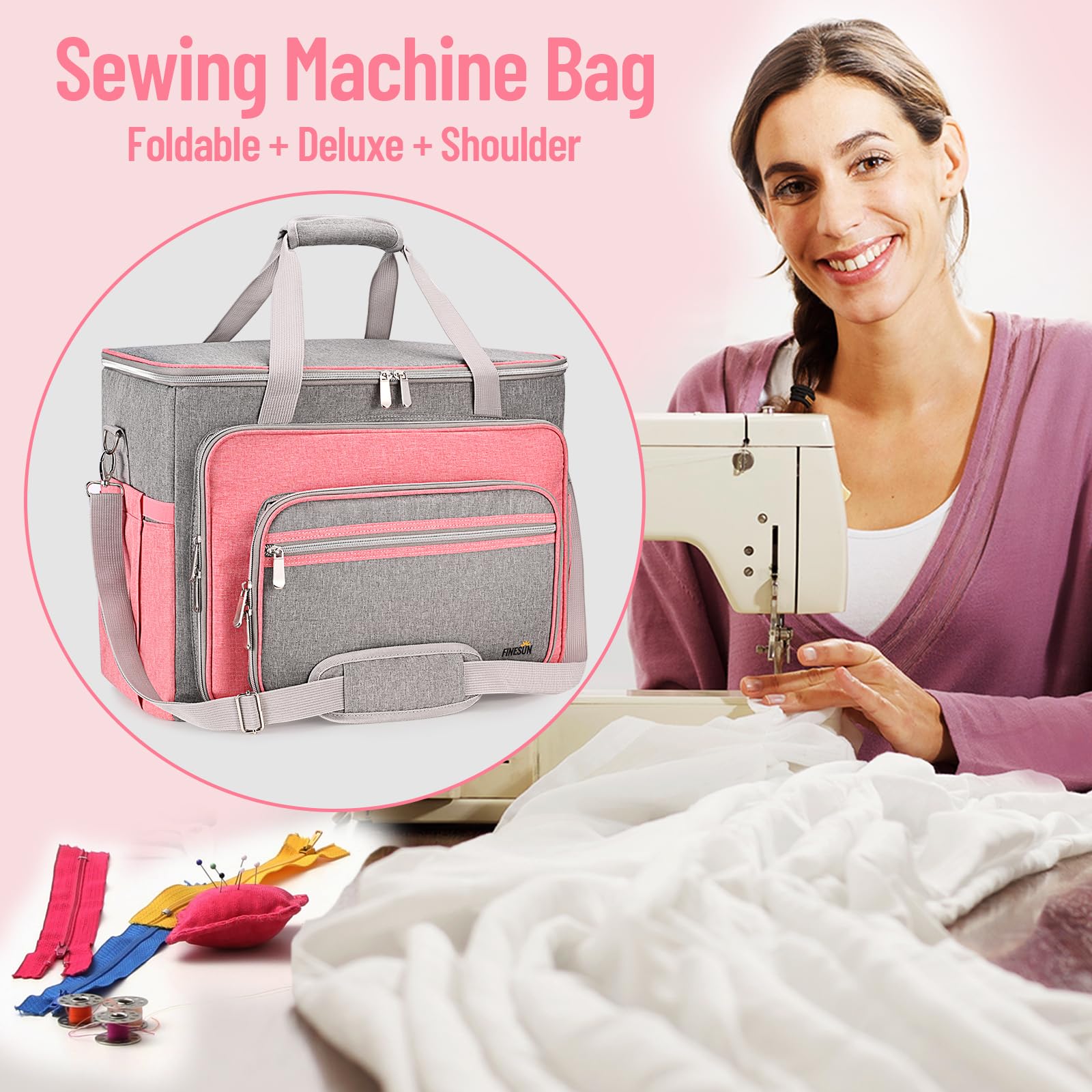 FINESUN Sewing Machine Carrying Case with Multiple Storage Pockets, Universal Tote Bag with Shoulder Strap Compatible with Most Standard Singer, Brother, Janome, Pink