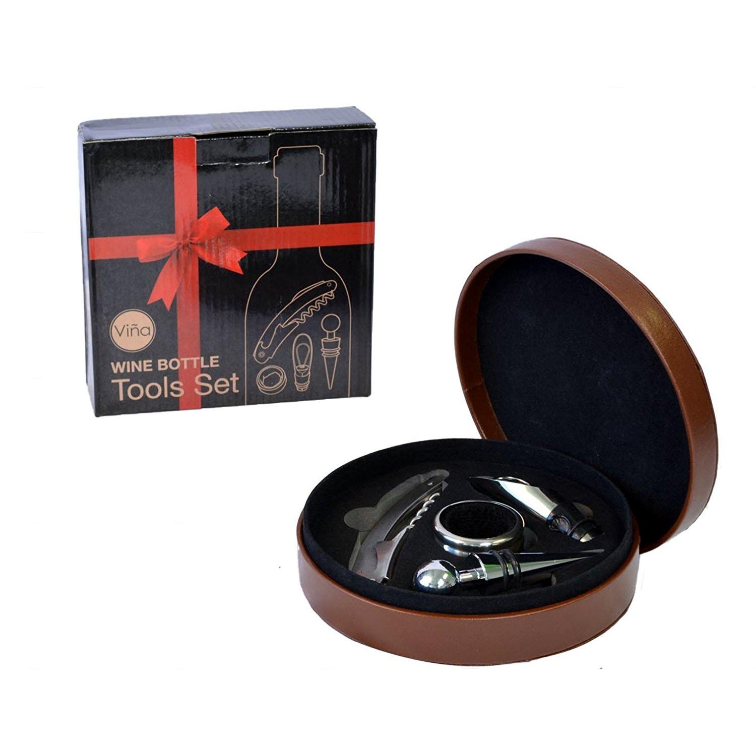 Vina Wine Opener Gift Set, 4 Pieces Wine Bottle Accessory Kit Includes: Stainless Steel Wine Corkscrew, Drop Ring, Wine Pourer, Wine Stopper, Arranged In a Elegant Box, Brown