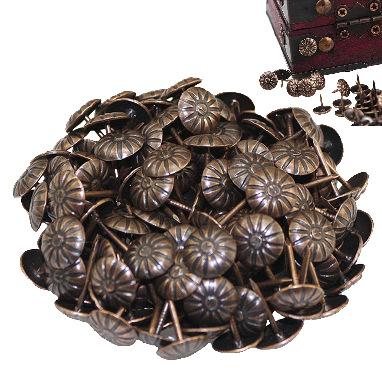 500 Pcs Vintage Upholstery Nails Decorative Nails Pattern Head Nail Antique Decor Nails Daisy Drawing Pin for Sofa Wine Case Jewellry Box Wood Furniture Decor Red Bronze 11x 16 mm