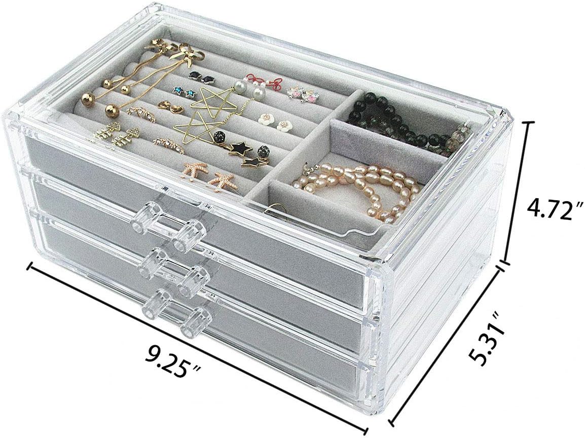 Acrylic Jewelry Box 3 Drawers, Velvet Jewellery Organizer, Earring Rings Necklaces Bracelets Display Case Gift for Women, Girls: Home Improvement