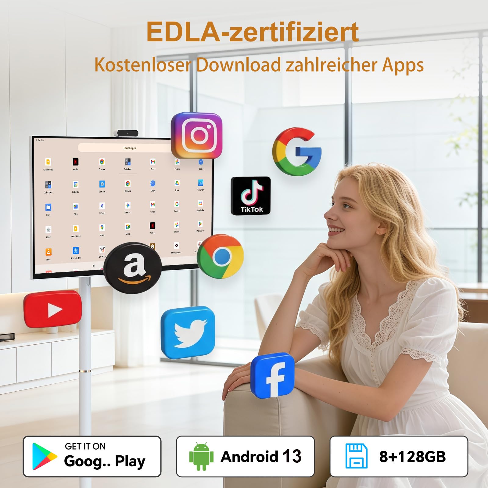 Dornium 27 Zoll FHD Smart Portable TV | Touchscreen-Monitor auf Rädern | EDLA-Zertifiziert & Android System | 8+128 GB Speicher | 10,000 mAh Akku | 90°Rotation | Abnehmbare Kamera 2