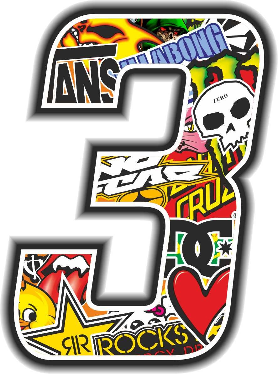 Racing Number 3, Sticker Bomb, 10 x 7.5 cm