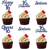24 Pack Happy 16th Birthday Cupcake Toppers Blue Glitter Sixteen Cheers to 16 Years Old Birthday Cake Picks for Sweet 16 Anniversary Party Cake Decorations Supplies