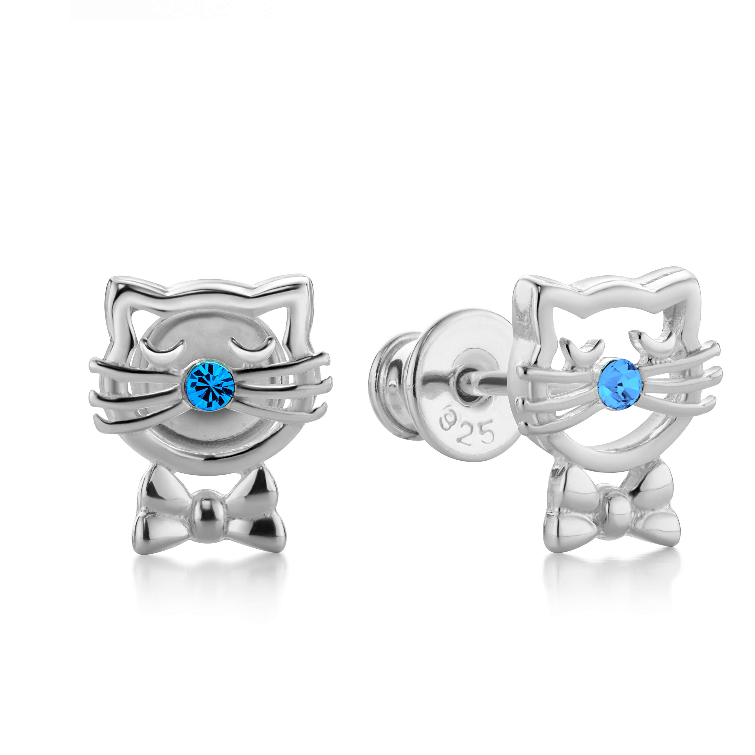 Butterfly Cute Kitten Design Sterling Silver Childrens Earrings With Shimmering Blue Crystals — image 1