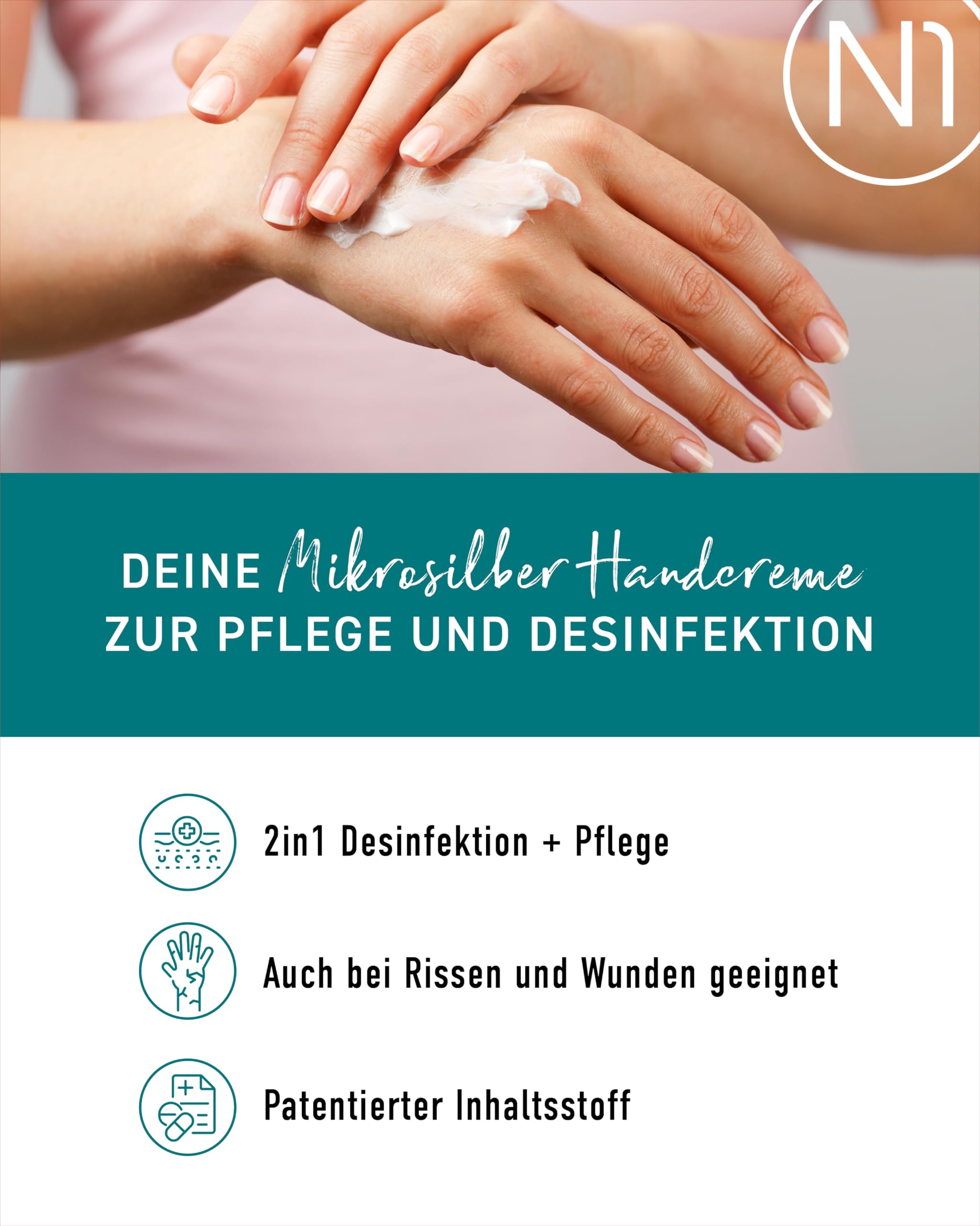 N1 Mikrosilber Handcreme für sehr trockene Hände 250ml [inkl. Desinfektion] - Handcreme rissige Hände + Desinfektionsmittel für Hände in einem Produkt 2
