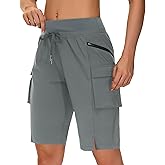MIVEI Women's 9" Bermuda Hiking Cargo Travel Shorts with Zipper Pockets Quick Dry Knee Length Long Board Short Summer Beach