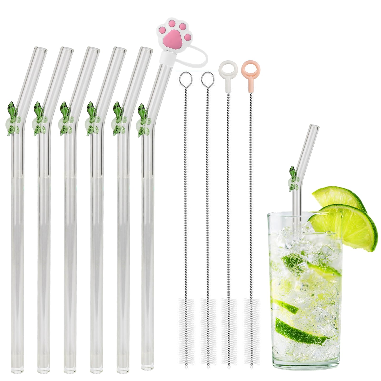 Glass Straws Long Reusable – Pack of 11 Turtle Transparent Glass Straws, Dishwasher Safe, Drinking Straws with 4 Cleaning Brushes, 1 Silicone Cap for Milk, Smoothies, Juice