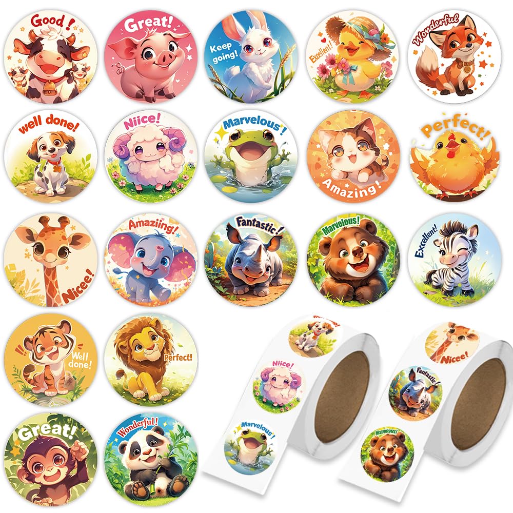 Photo 1 of 1000 Pcs Teacher Reward Animal Stickers for Classroom Boys Girls School Students.2 Roll 1 Inch Good Job Stickers.Teacher Must Haves Supplies Small Sticker