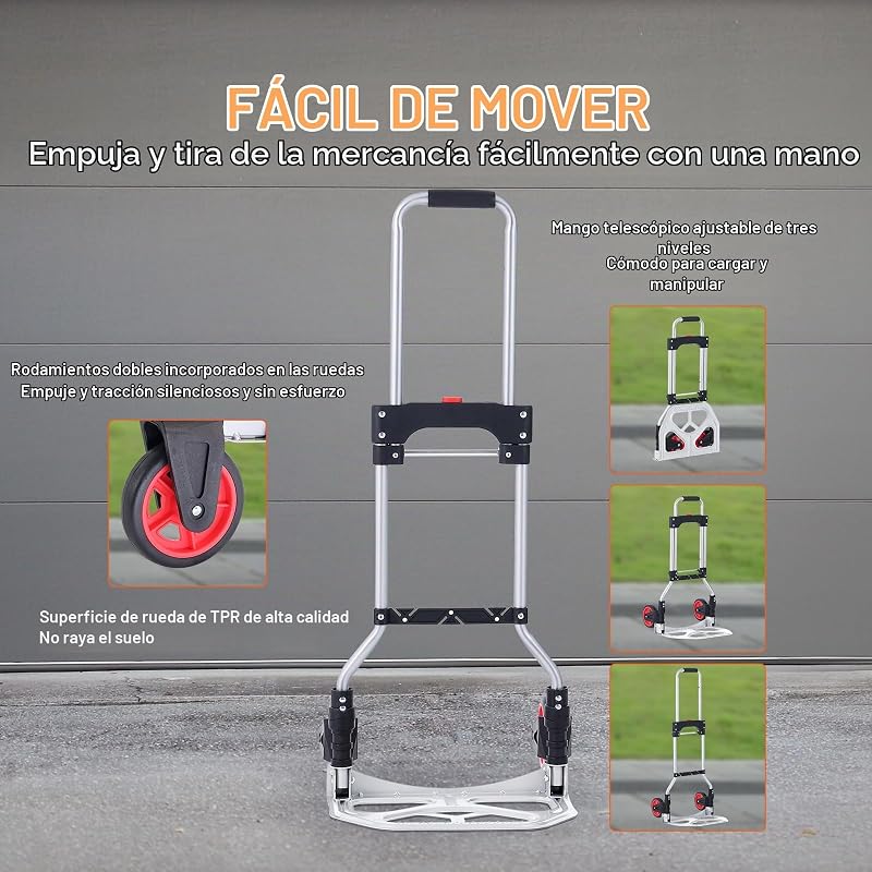 Carretilla de Mano Plegable de Aluminio Carga de 80 kg Carro de Mano de Alta Resistencia con Ruedas de Goma Mango Telescópico para Transporte Doméstico, Mercancías de Almacén Supermercado