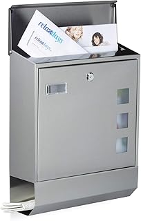 Relaxdays Briefkasten Edelstahl mit Zeitungsfach, Namensschild, Sichtfenster, HxBxT: 42 x 35 x 12,5 cm, Design, silber